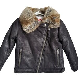 Appaman Moto Jacket Girls Size 5 Black Faux Fur Trim Collar Faux Leather Winter